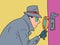 Detectives Magnifying glass peeping through the keyhole of the door. a private detective, a man in a coat, hat and