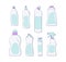 Detergent bottle and chemicals household product set.