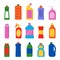 Detergent bottles. Cleaning products container household items laundry service vector flat illustrations