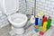 Detergent bottles and sponge for cleaning the toilet in the bathroom in home. Detergents bottles and kitchen sponges. Household