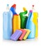 Detergent bottles on white. Chemical cleaning supplies