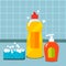 Detergent and liquid soap with soapy foam sponge in kitchen. Flat vector