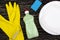 Detergent,sponge, dishes and latex gloves