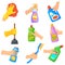 Detergent tools in hands. Hand hold cleaning products, cartoon disinfect spray clean surface house, wipe dust cloth