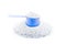 Detergent washer. Wash powder for clothes isolated on white. Cup, scoop for liquid soap on clean laundry texture background.