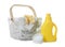 Detergents and children`s clothes on white background
