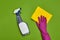 Detergents and cleaning accessories on a green background. Housekeeping concept.