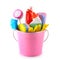 Detergents and cleaning products in bucket  on white