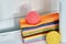 detergents laundry balls and napkins on the bathroom table