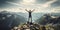 Determined Athlete\\\'s Victory Pose on Mountain Summit - Triumph Over Nature - Majestic Alpine View - Athletic Achievement