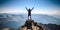 Determined Athlete\\\'s Victory Pose on Mountain Summit - Triumph Over Nature - Majestic Alpine View - Athletic Achievement