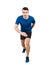 Determined caucasian man runner standing in running position looking ahead confident. Guy sprinter wearing black and blue sport