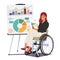 Determined Disabled Woman In A Wheelchair Confidently Delivers A Presentation In The Office. Character Breaking Barriers