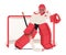 Determined Hockey Goalkeeper Guards The Net With Agile Moves, Clad In Red Gear. Focused And Ready, for Incoming Puck