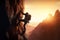 Determined Man Climbing the Mountain\\\'s Peak Against the Setting Sun, created with Generative AI