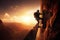 Determined Man Climbing the Mountain\\\'s Peak Against the Setting Sun, created with Generative AI