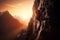 Determined Man Climbing the Mountain\\\'s Peak Against the Setting Sun, created with Generative AI