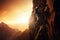 Determined Man Climbing the Mountain\\\'s Peak Against the Setting Sun, created with Generative AI