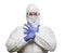 Determined Man With Intense Expression Wearing HAZMAT Protective Clothing I