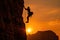 A determined man scales the rugged side of a mountain as the sun sets, Silhouette of Rock Climber at Sunset, AI Generated