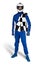 Determined race driver in blue white motorsport overall shoes gloves integral safety crash helmet and chequered checkered flag