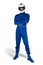 Determined race driver in blue white motorsport overall shoes gloves and integral safety crash helmet isolated white background.