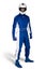 Determined race driver in blue white motorsport overall shoes gloves and integral safety crash helmet isolated white background.