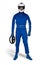 Determined race driver in blue white motorsport overall shoes gloves integral safety crash helmet and steering wheel isolated