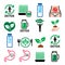 Detox, body cleaning with juices, vegetables or diet icons set