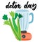 Detox day - text. health celery smoothie. Hand drawn flat cartoon vector illustration isolated on white background. Healthy