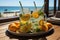 Detox infused water with lime, oranges, mint with sea coast view. Generative AI