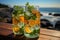 Detox infused water with lime, oranges, mint with sea coast view. Generative AI