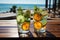 Detox infused water with lime, oranges, mint with sea coast view. Generative AI