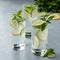 Detox refreshing water with cucumber, mint and lemon on gray stone background.