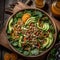 detox salad on a wooden plate, placed on a workout bench