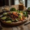 detox salad on a wooden plate, placed on a workout bench