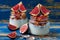 Detox superfoods breakfast or healthy dessert - yogurt with granola and fresh figs in the glass jars on the blue wooden background