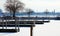 Detroit Marina during winter after a snow storm in Michigan with frozen river