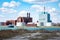 Detroit Michigan Skyline Industriall Buildings Litter Landscape with Moored Vessel