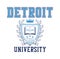 Detroit, Michigan university t-shirt design with varsity shield with open book, crown and laurel wreath, ribbon banner.