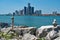 Detroit Scenic Taken From Canada With Stacks of Stones or Cairn in Foreground