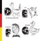 Deutsch alphabet. Dinosaur, egg, fish, goose. Vector letters and characters