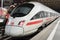 A Deutsche Bahn ICE Intercity bullet train waits at the Munich Main Railway Station (Munchen Hauptbahnhof)