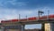 Deutsche Bahn train crosses a railway bridge in Berlin