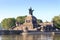 Deutsches Eck German Corner between Rhine and Moselle river with Emperor William monument statue in Koblenz, Germany