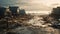 A devastated coastal area with damaged homes and debris scattered along the water, under a cloudy sky