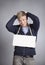 Devastated man showing white empty signboard.