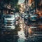 Devastating Flooded Cars in City Roadway, Motor Vehicle Insurance Claim Disaster, generative Ai