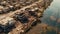 Devastation After Catastrophic Coastal Flood. Submerged Cityscape, Damaged Buildings, and Muddy Waters - Aerial View