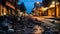 Devastation at Dusk: Post-Earthquake Debris-Filled Street